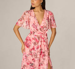 Flutter Sleeve Floral Print Embroidered Wrap Maxi Dress In Blush Multi