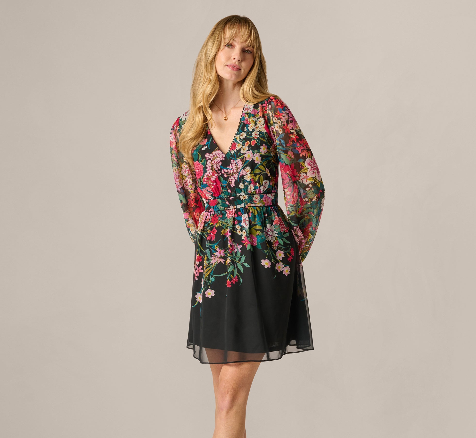 Long Sleeve Wildflower Print Short Dress In Black Multi