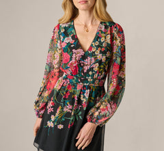 Long Sleeve Wildflower Print Short Dress In Black Multi