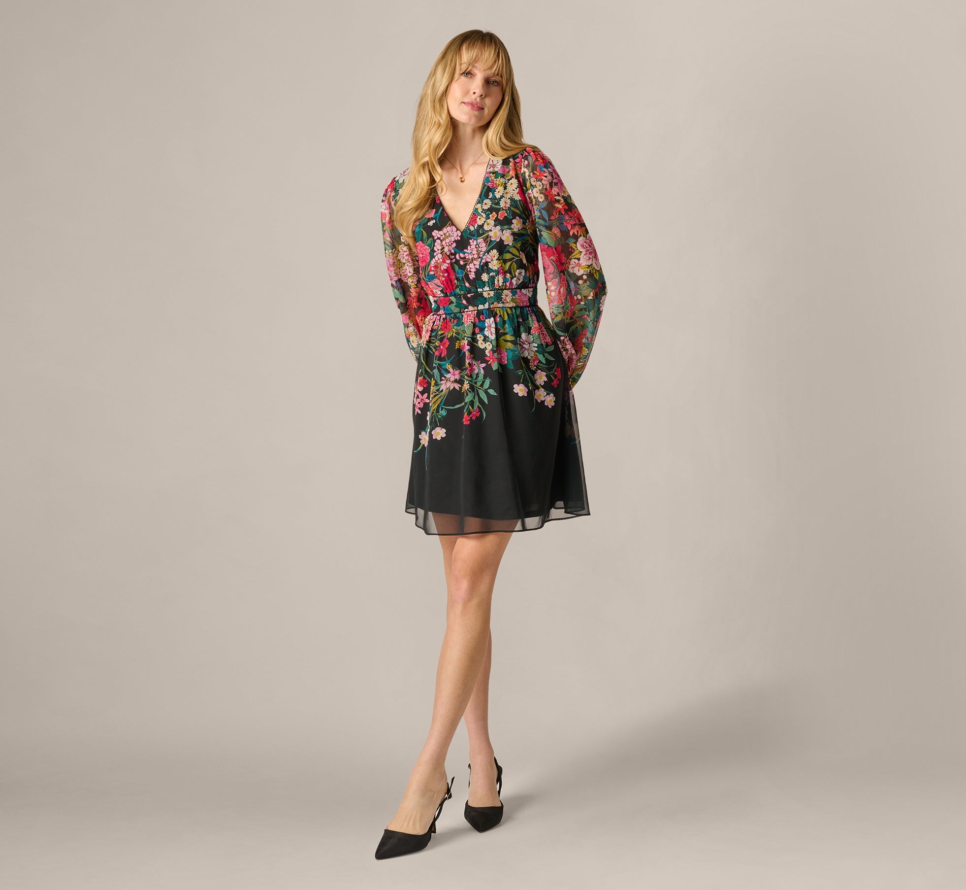 Long Sleeve Wildflower Print Short Dress In Black Multi