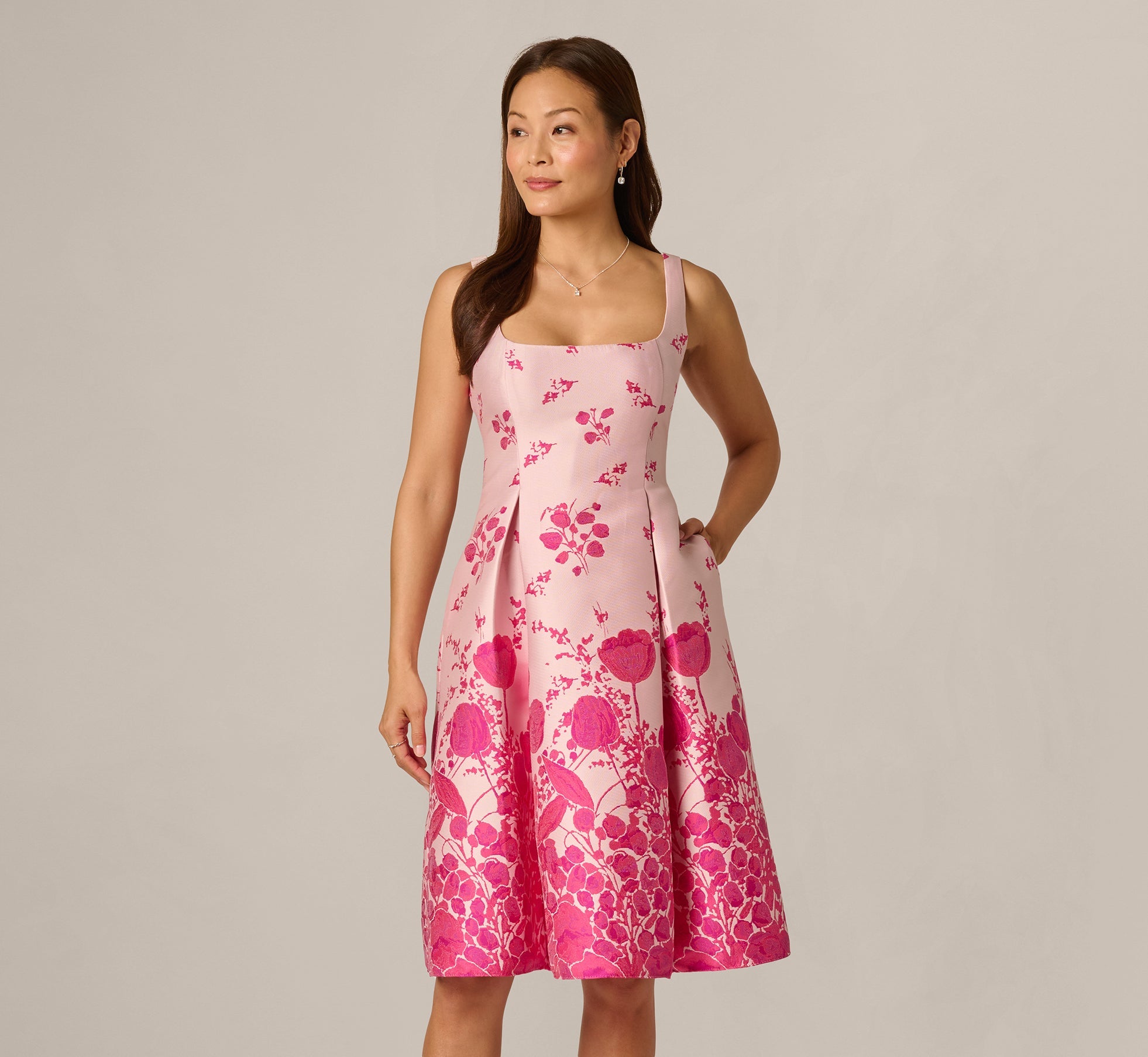 Square Neck Tulip Floral Border Jacquard Dress In Pink Multi