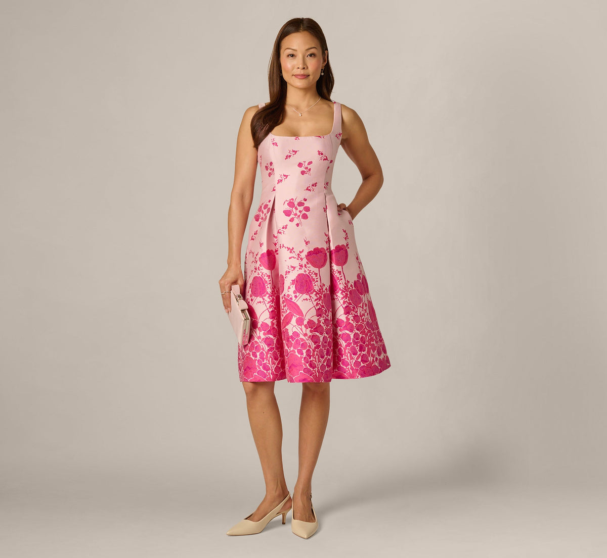 Square Neck Tulip Floral Border Jacquard Dress In Pink Multi