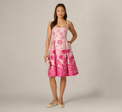 Square Neck Tulip Floral Border Jacquard Dress In Pink Multi
