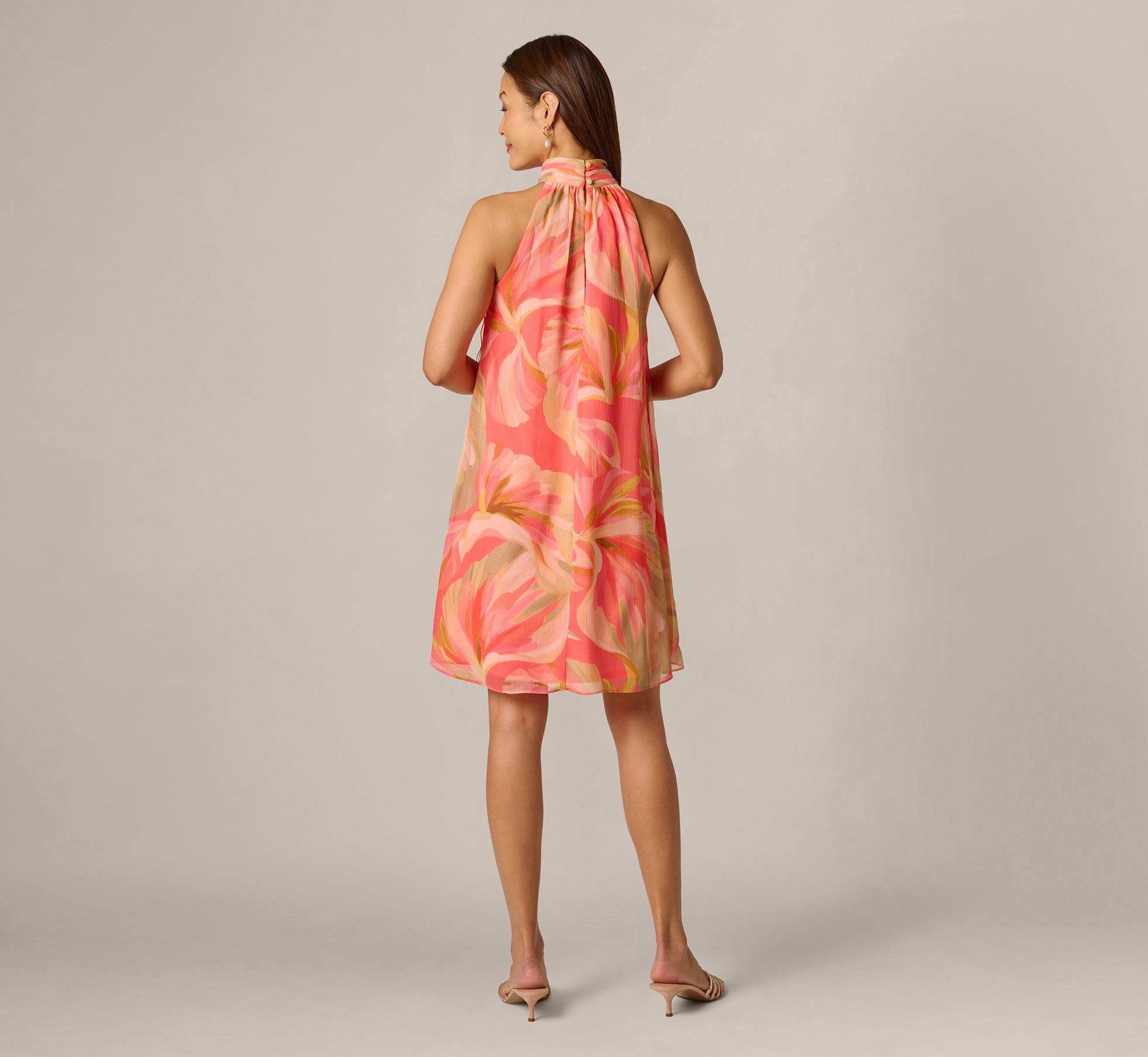 Draped Petal Floral Short Trapeze Dress In Coral Multi
