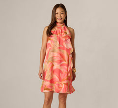 Draped Petal Floral Short Trapeze Dress In Coral Multi