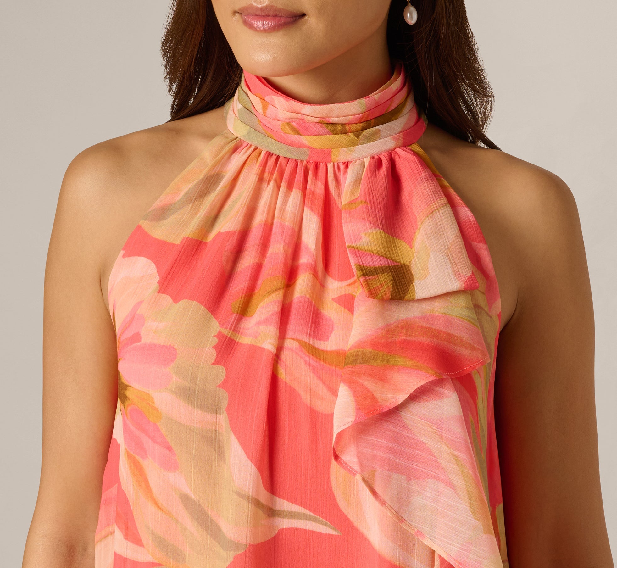 Draped Petal Floral Short Trapeze Dress In Coral Multi