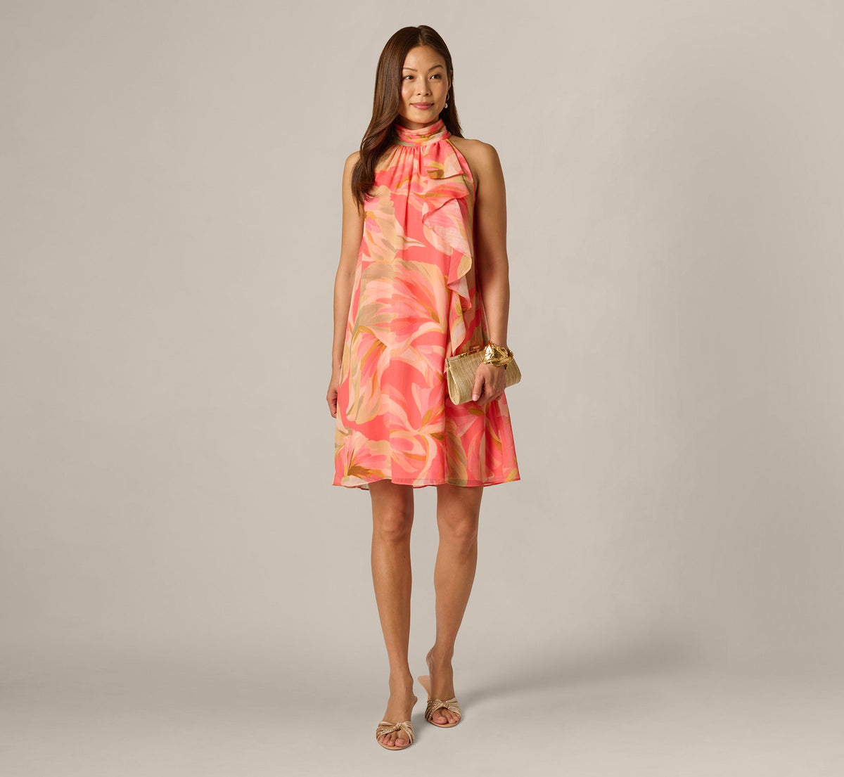 Draped Petal Floral Short Trapeze Dress In Coral Multi