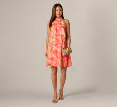 Draped Petal Floral Short Trapeze Dress In Coral Multi