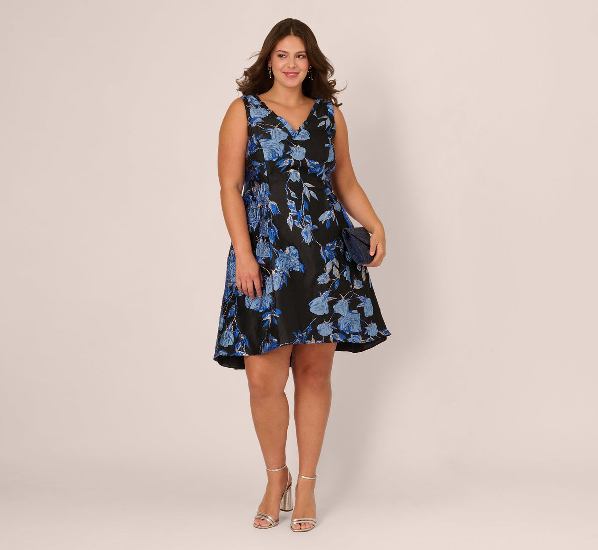 Plus Size Floral Jacquard Short Fit And Flare Dress In Blue Black Multi