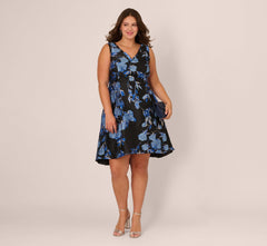 Plus Size Floral Jacquard Short Fit And Flare Dress In Blue Black Multi