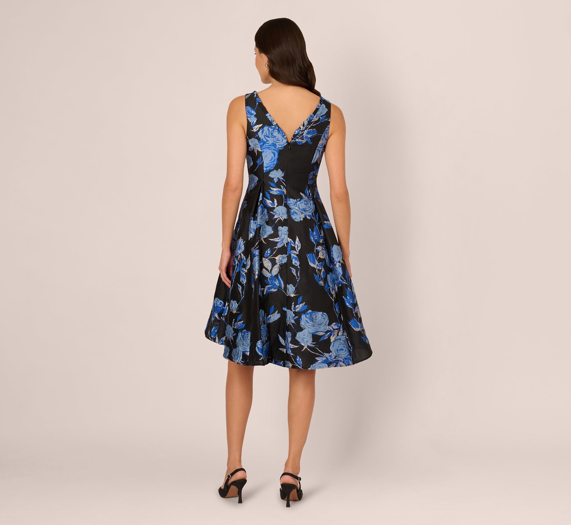 Floral Jacquard Short Fit And Flare Dress In Blue Black Multi