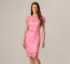 Short Sleeve Embroidered Illusion Sheath Dress In Cherry Blossom