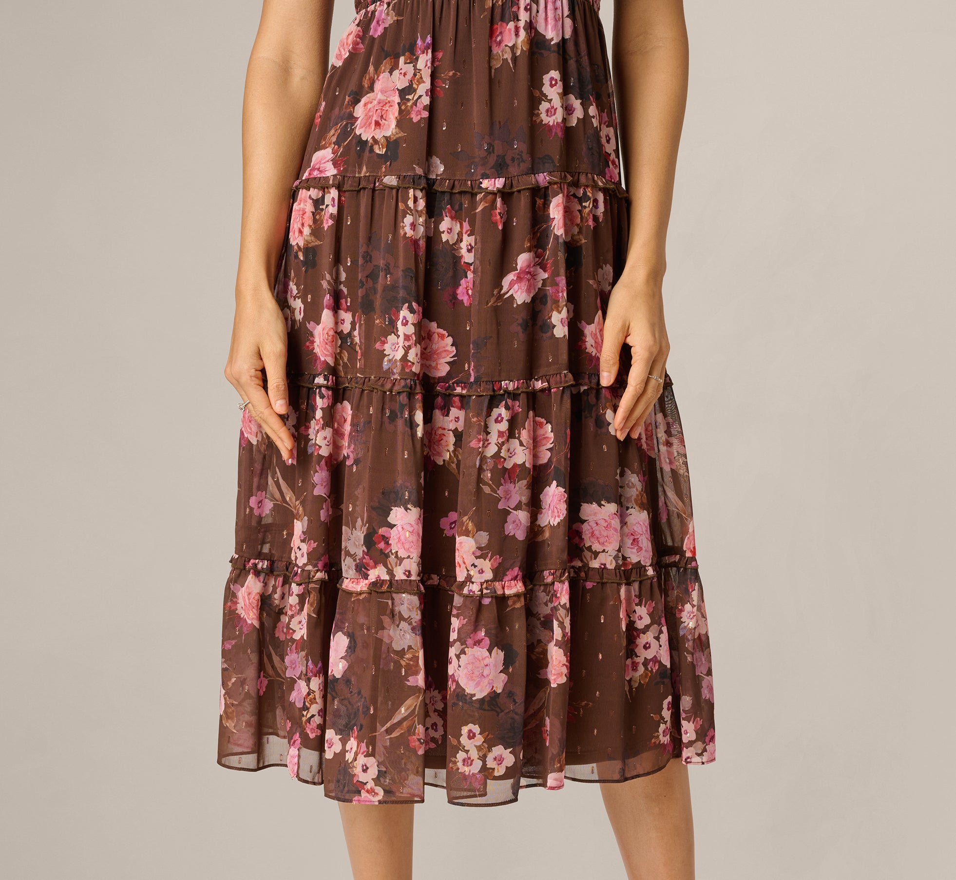 Flutter Sleeve Floral Metallic Chiffon Midi Dress In Brown Multi