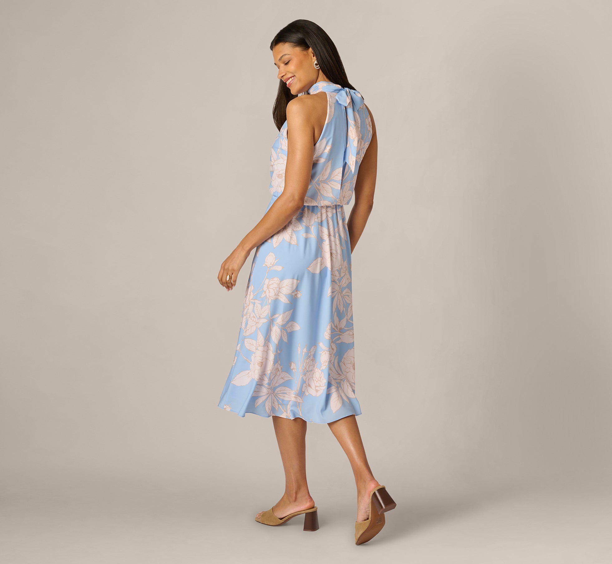 Floral Chiffon Blouson Halter Midi Dress In Blue Ivory