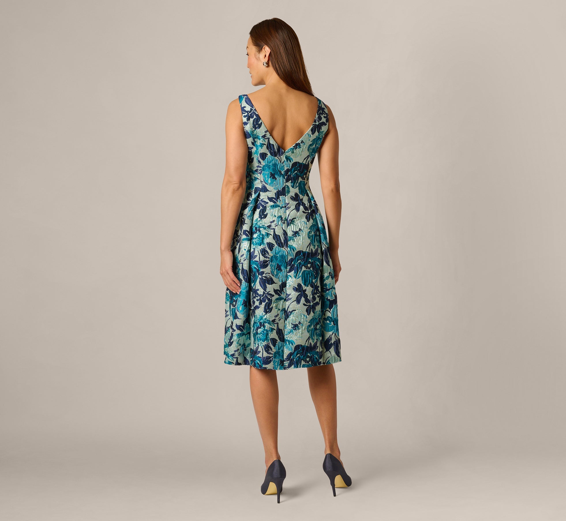 Metallic Floral Jacquard Boat Neck Fit And Flare In Blue Multi