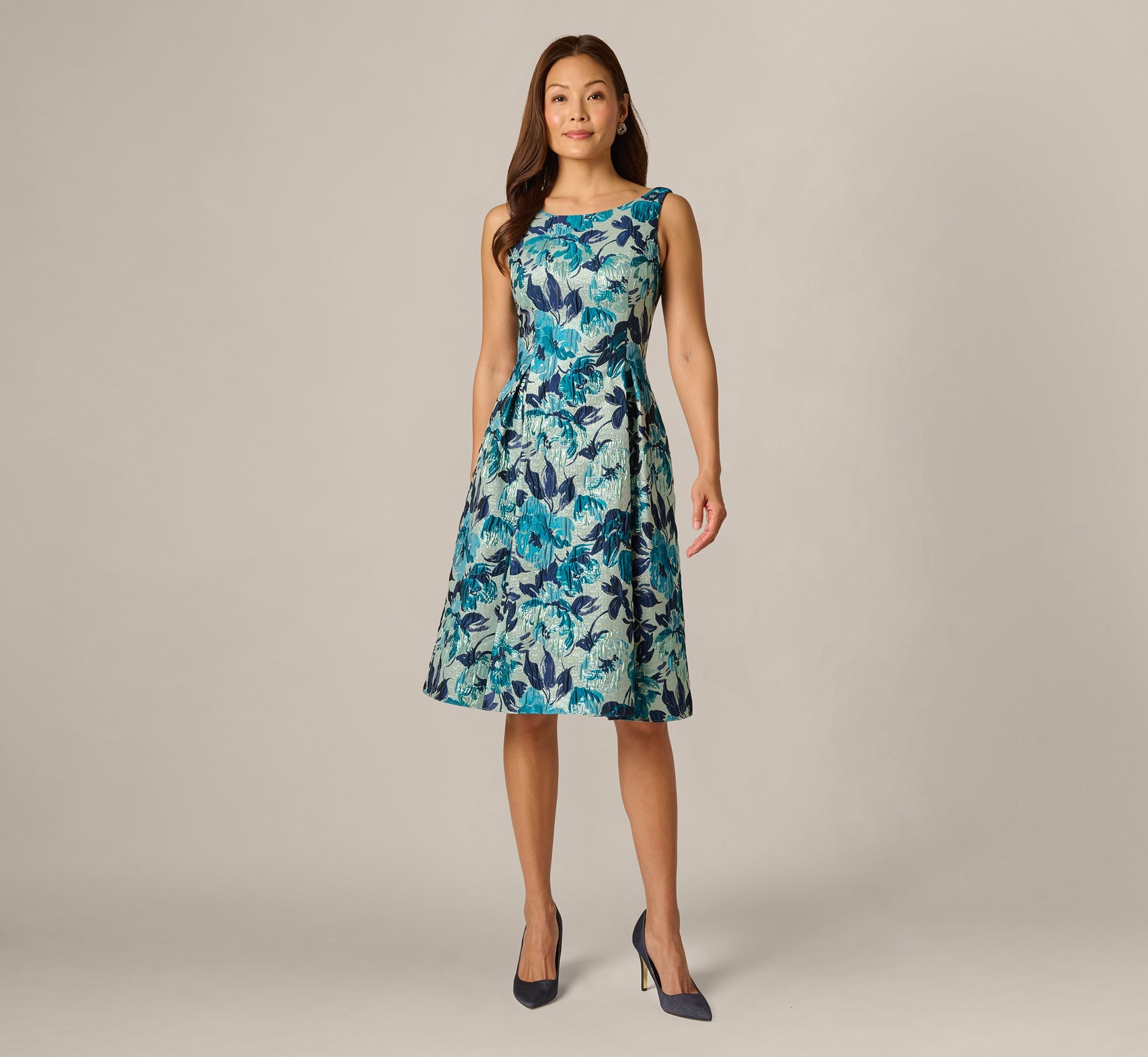 Metallic Floral Jacquard Boat Neck Fit And Flare In Blue Multi