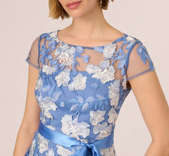 Short Sleeve Floral Embroidered Gown With Ribbon Tie Waist In French Blue Multi