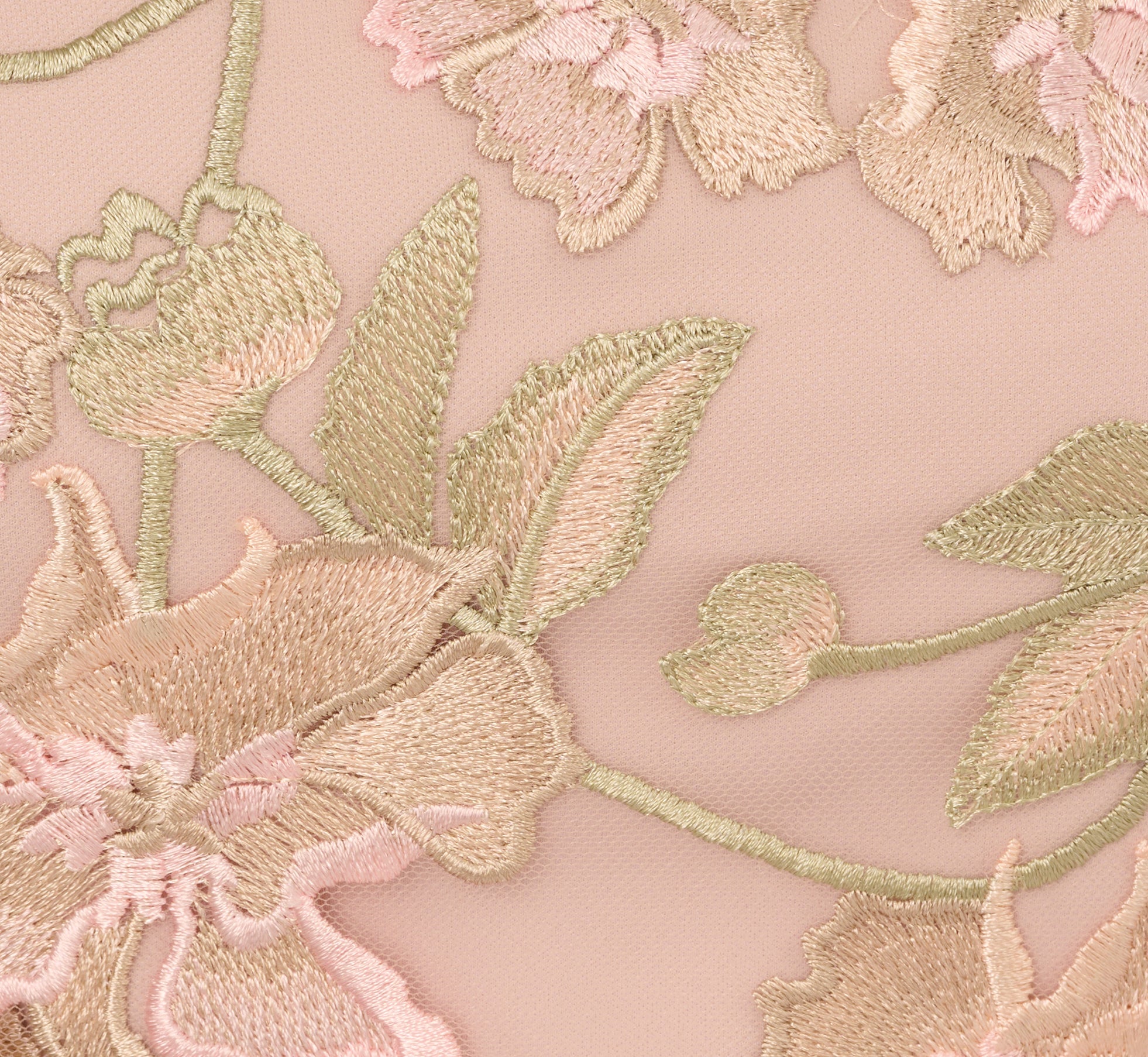 Short Sleeve Floral Embroidered Gown With Ribbon Tie Waist In Blush Nude Multi