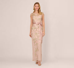 Short Sleeve Floral Embroidered Gown With Ribbon Tie Waist In Blush Nude Multi