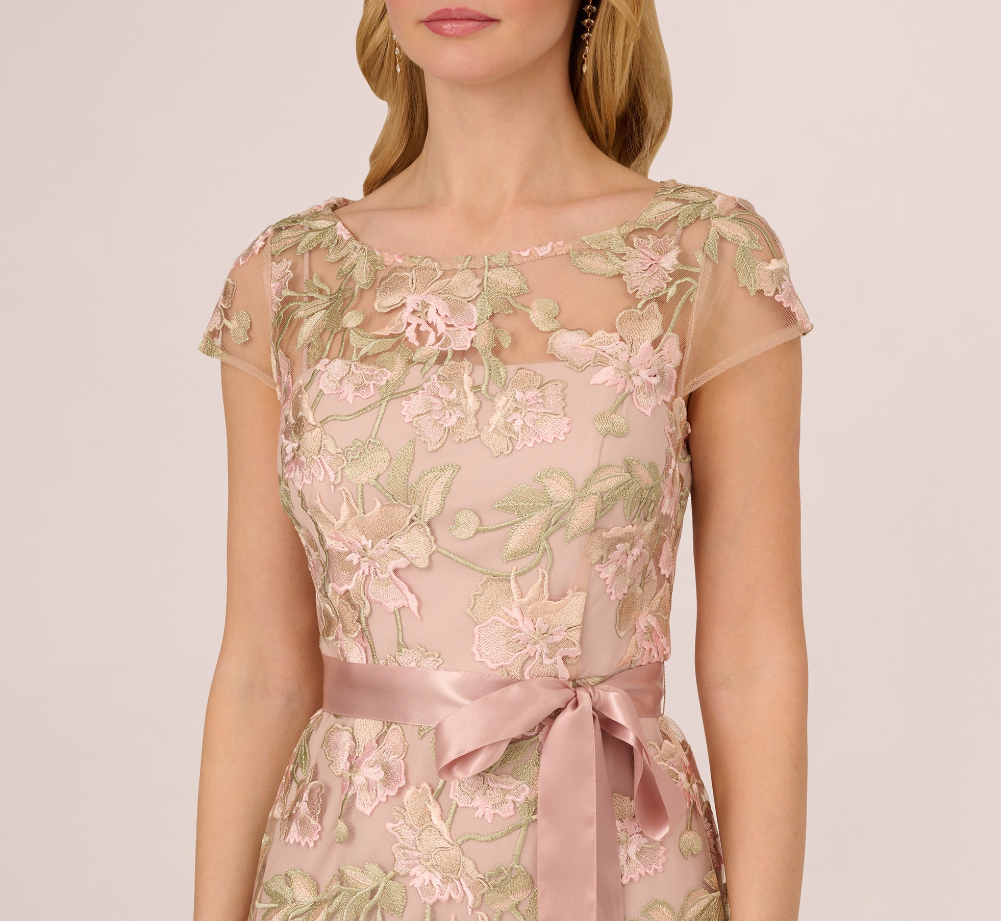 Short Sleeve Floral Embroidered Gown With Ribbon Tie Waist In Blush Nude Multi