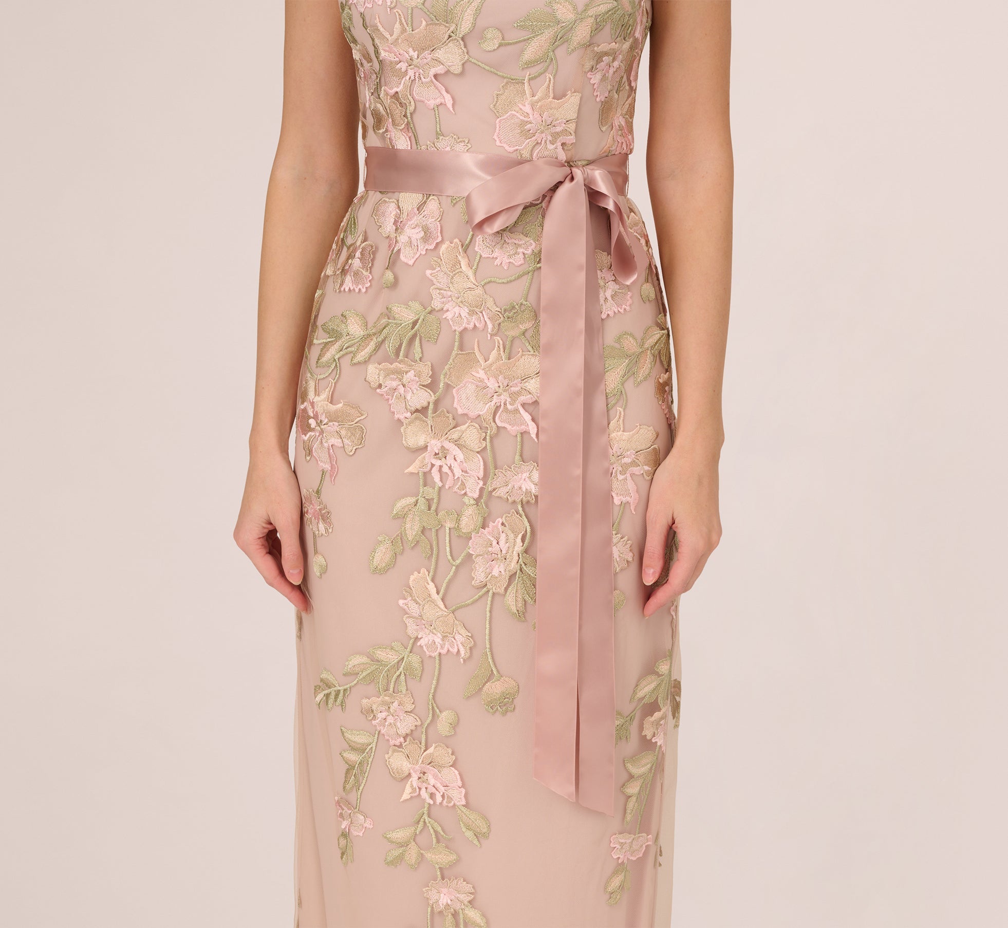Short Sleeve Floral Embroidered Gown With Ribbon Tie Waist In Blush Nude Multi