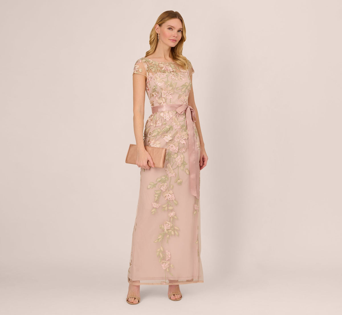 Short Sleeve Floral Embroidered Gown With Ribbon Tie Waist In Blush Nude Multi