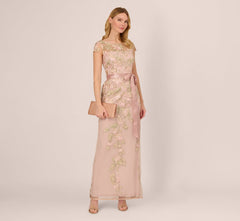 Short Sleeve Floral Embroidered Gown With Ribbon Tie Waist In Blush Nude Multi
