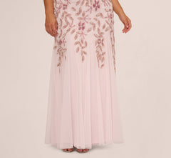 Plus Size Hand Beaded Short Sleeve Floral Godet Gown In Blush Pink