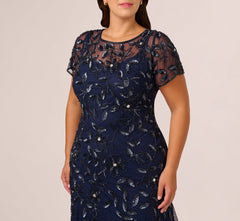 Plus Size Hand Beaded Short Sleeve Floral Godet Gown In Light Navy