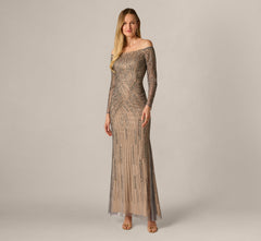 Hand Beaded Off Shoulder Gown In Sterling