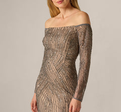Hand Beaded Off Shoulder Gown In Sterling