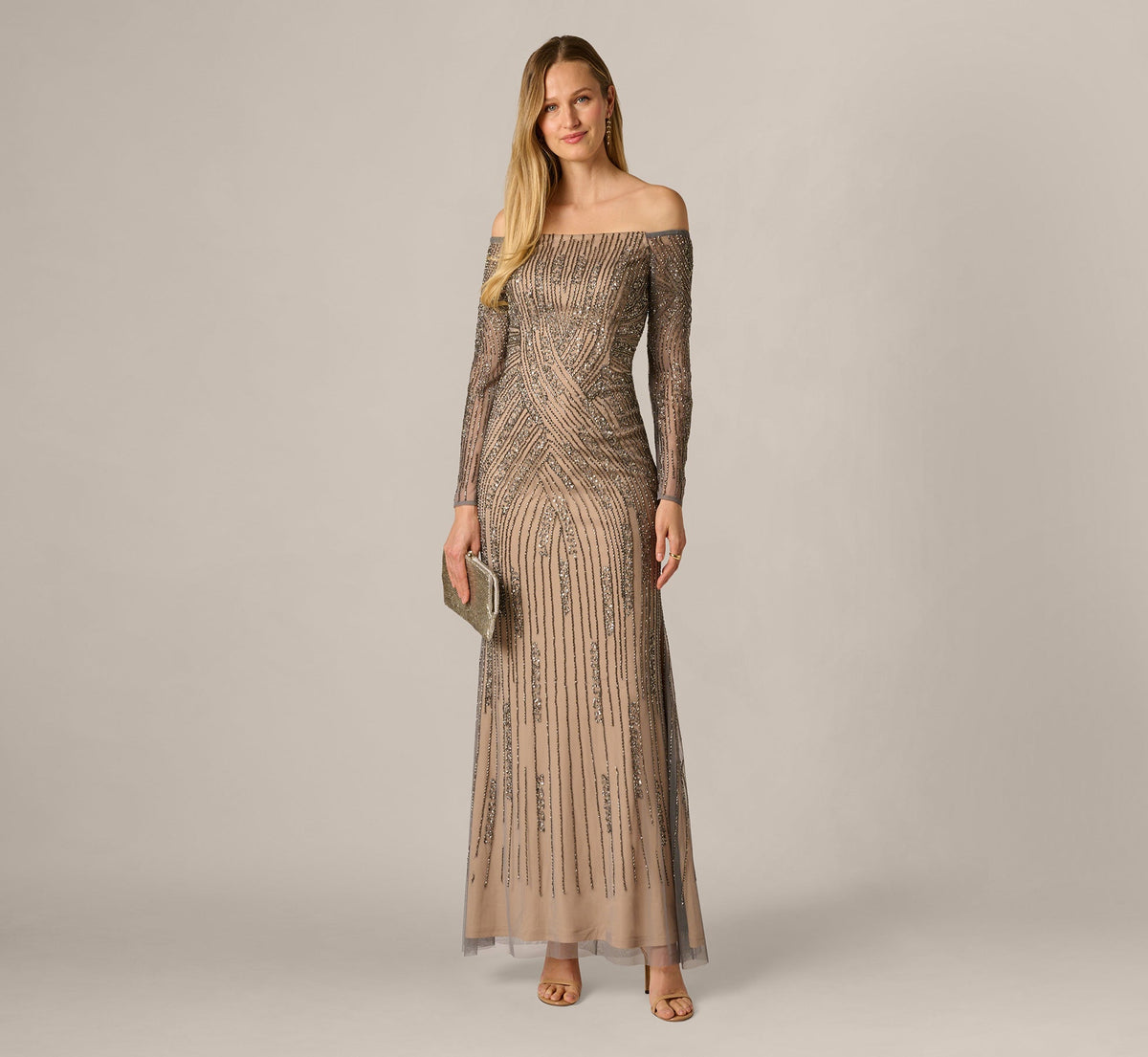 Hand Beaded Off Shoulder Gown In Sterling