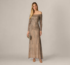 Hand Beaded Off Shoulder Gown In Sterling