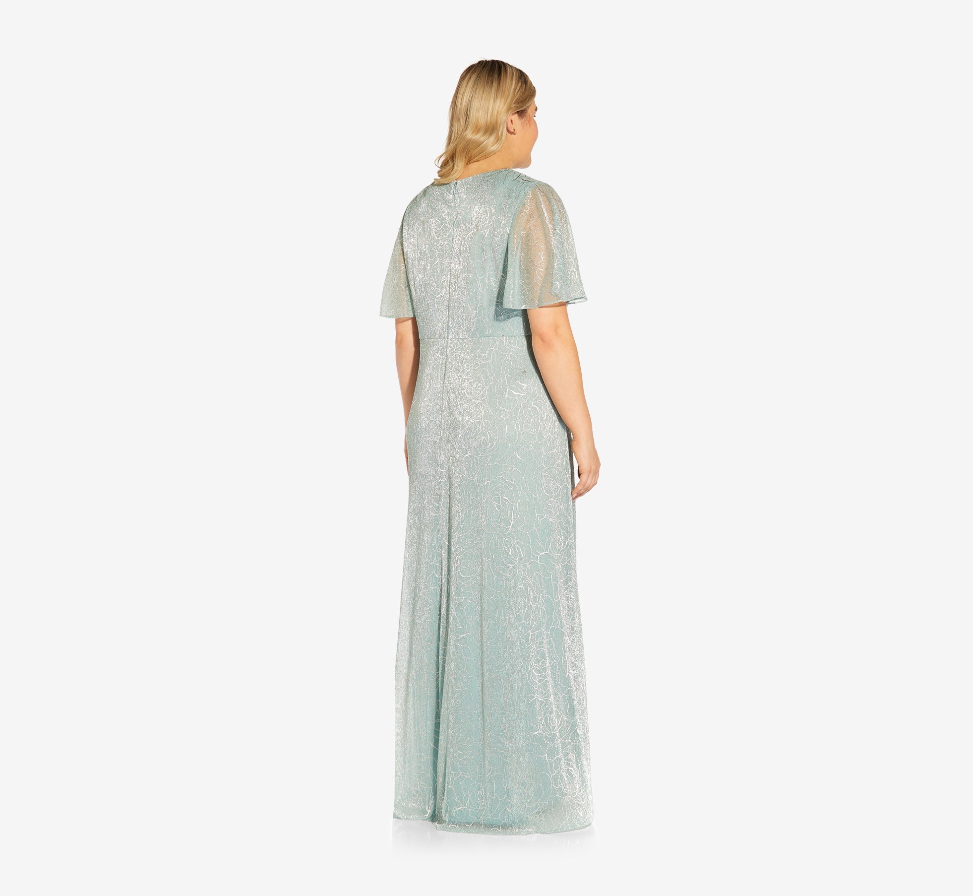 Plus Size Metallic Mesh Draped Gown In Sea Glass