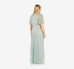 Plus Size Metallic Mesh Draped Gown In Sea Glass