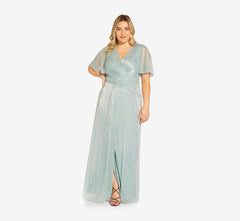 Plus Size Metallic Mesh Draped Gown In Sea Glass