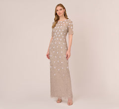 Long Hand Beaded 3D Floral Dress With Elbow Sleeves In Marble