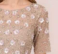 Long Hand Beaded 3D Floral Dress With Elbow Sleeves In Marble