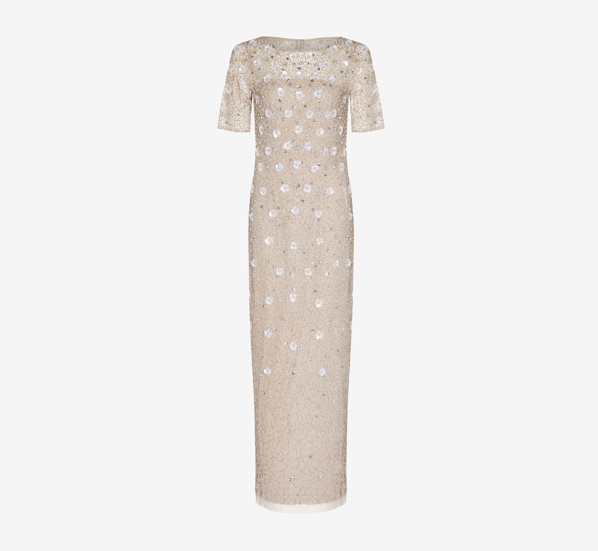 Long Hand Beaded 3D Floral Dress With Elbow Sleeves In Marble