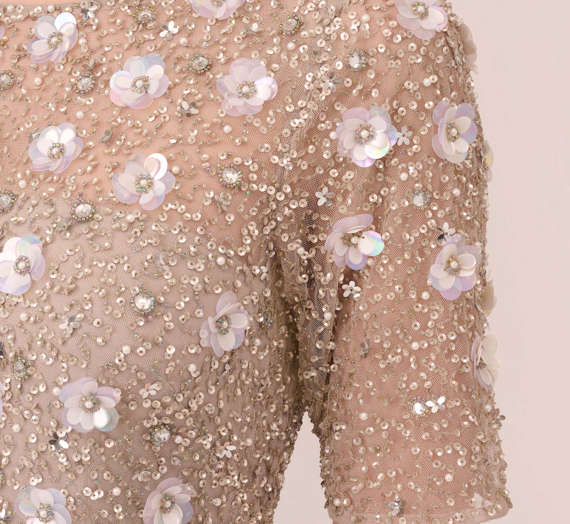 Long Hand Beaded 3D Floral Dress With Elbow Sleeves In Marble