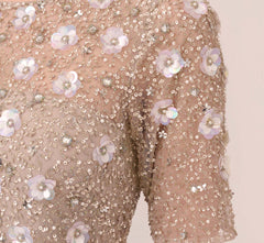 Long Hand Beaded 3D Floral Dress With Elbow Sleeves In Marble