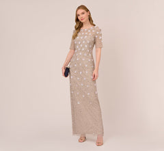 Long Hand Beaded 3D Floral Dress With Elbow Sleeves In Marble