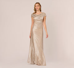 Metallic Foil Knit Draped Long Gown In Alabaster