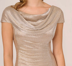 Metallic Foil Knit Draped Long Gown In Alabaster