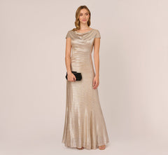 Metallic Foil Knit Draped Long Gown In Alabaster