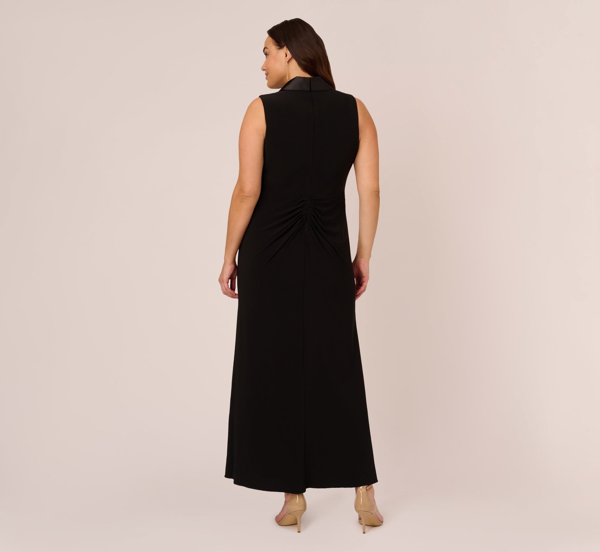 Plus Size Matte Jersey Twist Front Tuxedo Long Gown In Black