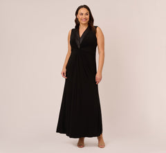 Plus Size Matte Jersey Twist Front Tuxedo Long Gown In Black