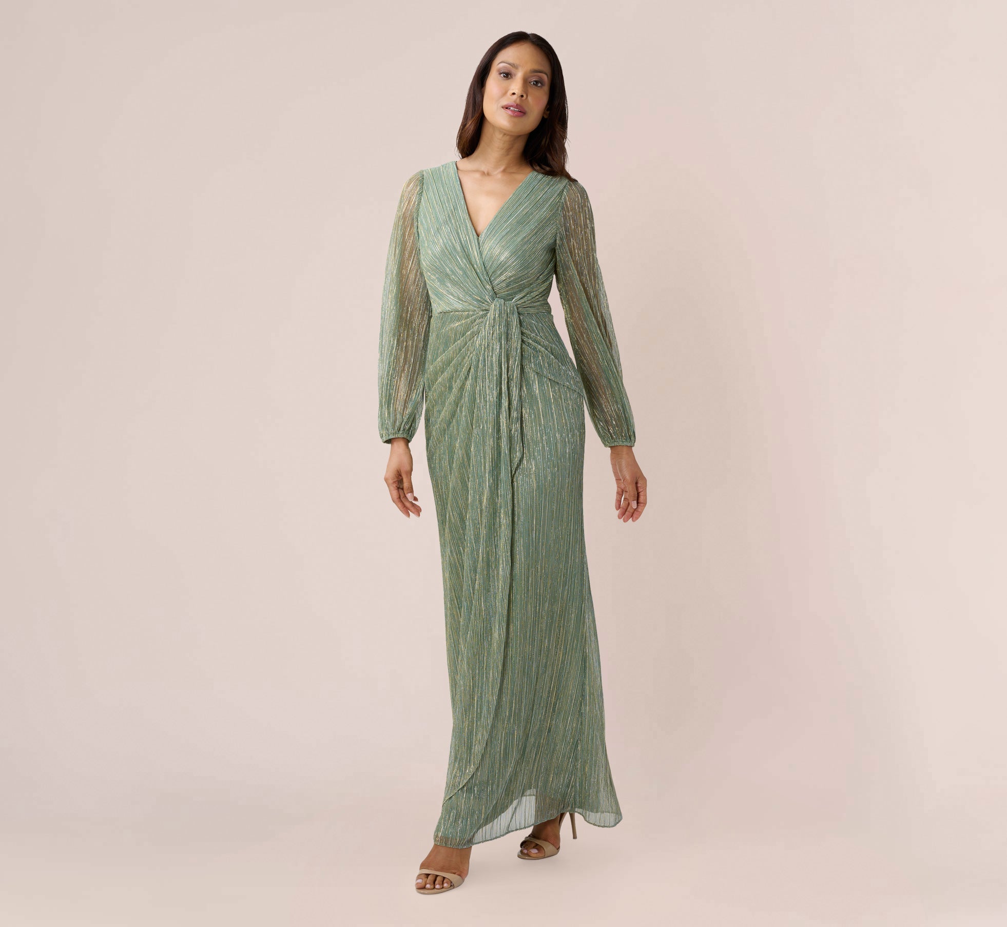 Metallic Crinkled Mesh Draped Long Gown In Green Slate