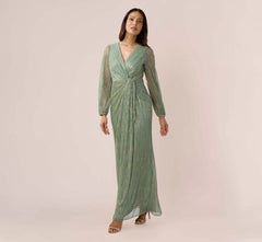 Metallic Crinkled Mesh Draped Long Gown In Green Slate