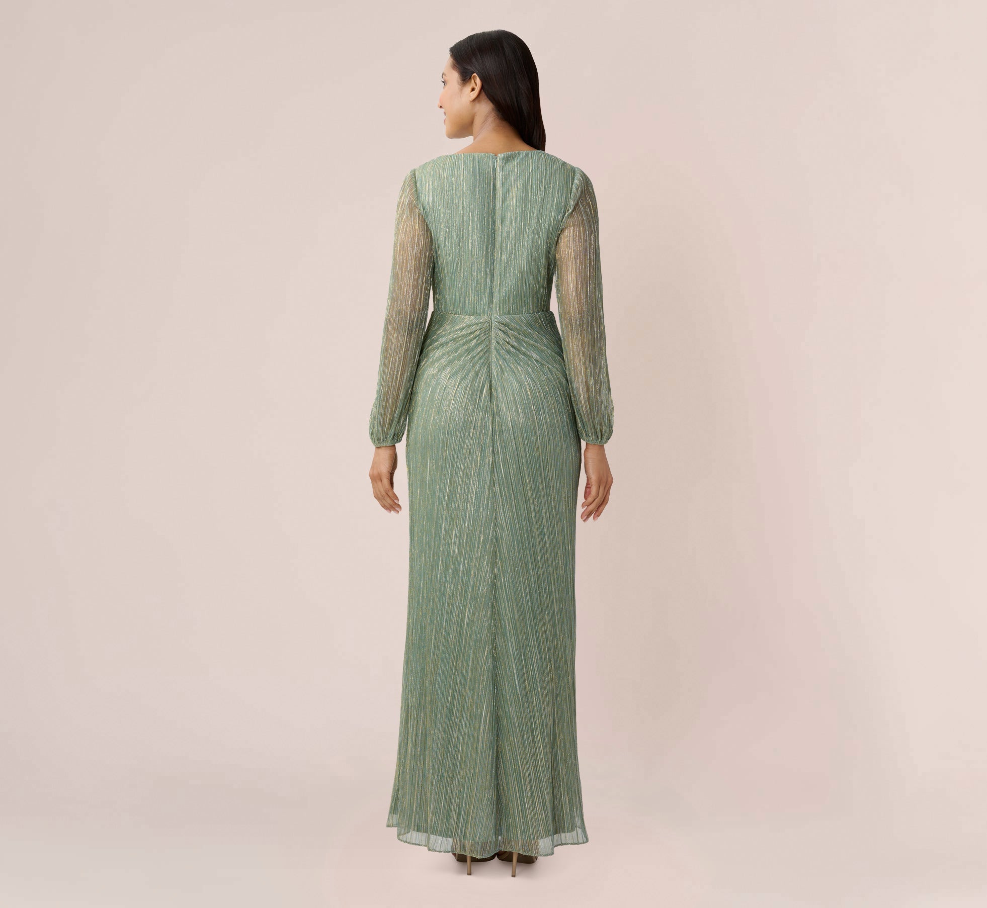 Metallic Crinkled Mesh Draped Long Gown In Green Slate